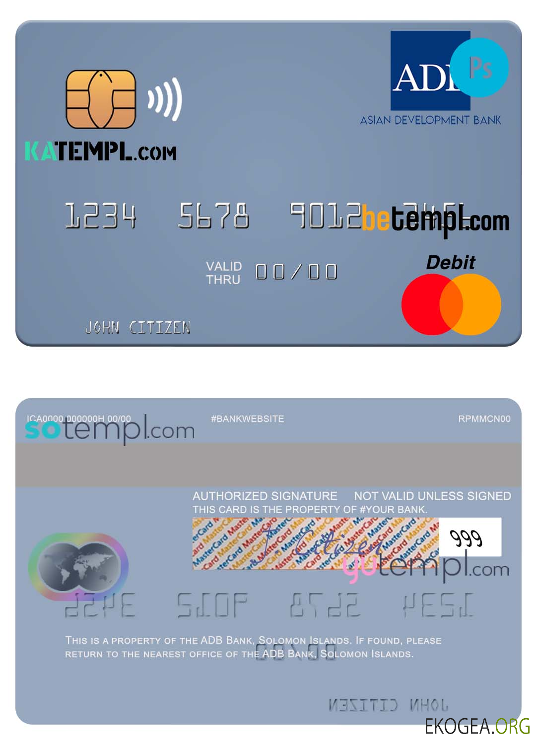 Modèle de carte de crédit mastercard ADB Bank des Îles Salomon au format PSD